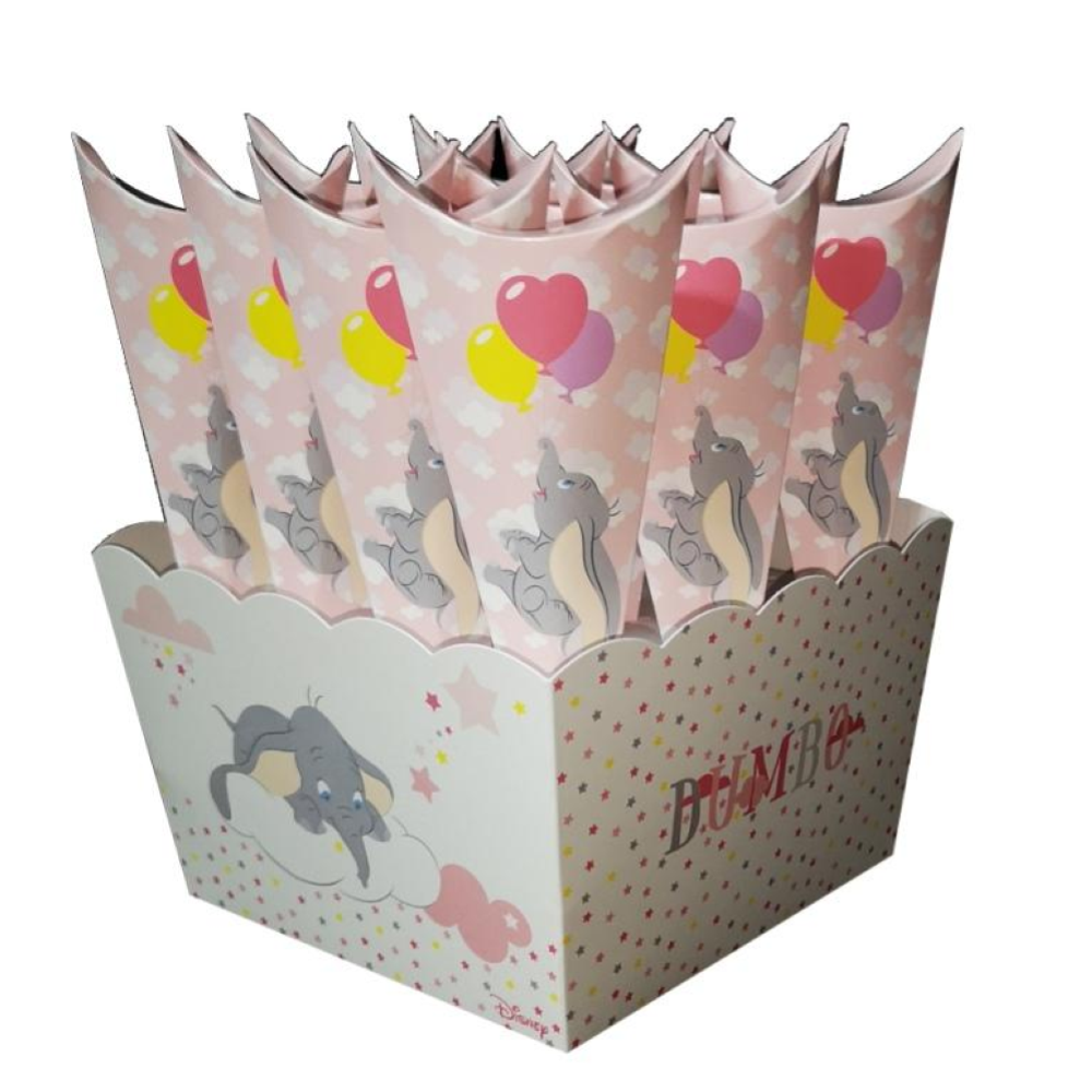 Contenitore portaconi + 12 bomboniere coni Dumbo Disney rosa - 68158+16921+68153